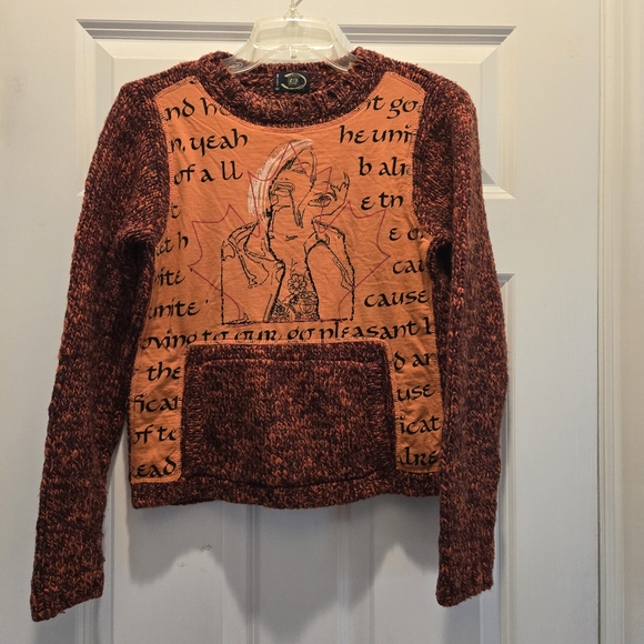 Y2K European Sweater M Orange Graphic Knit Art to Wear...